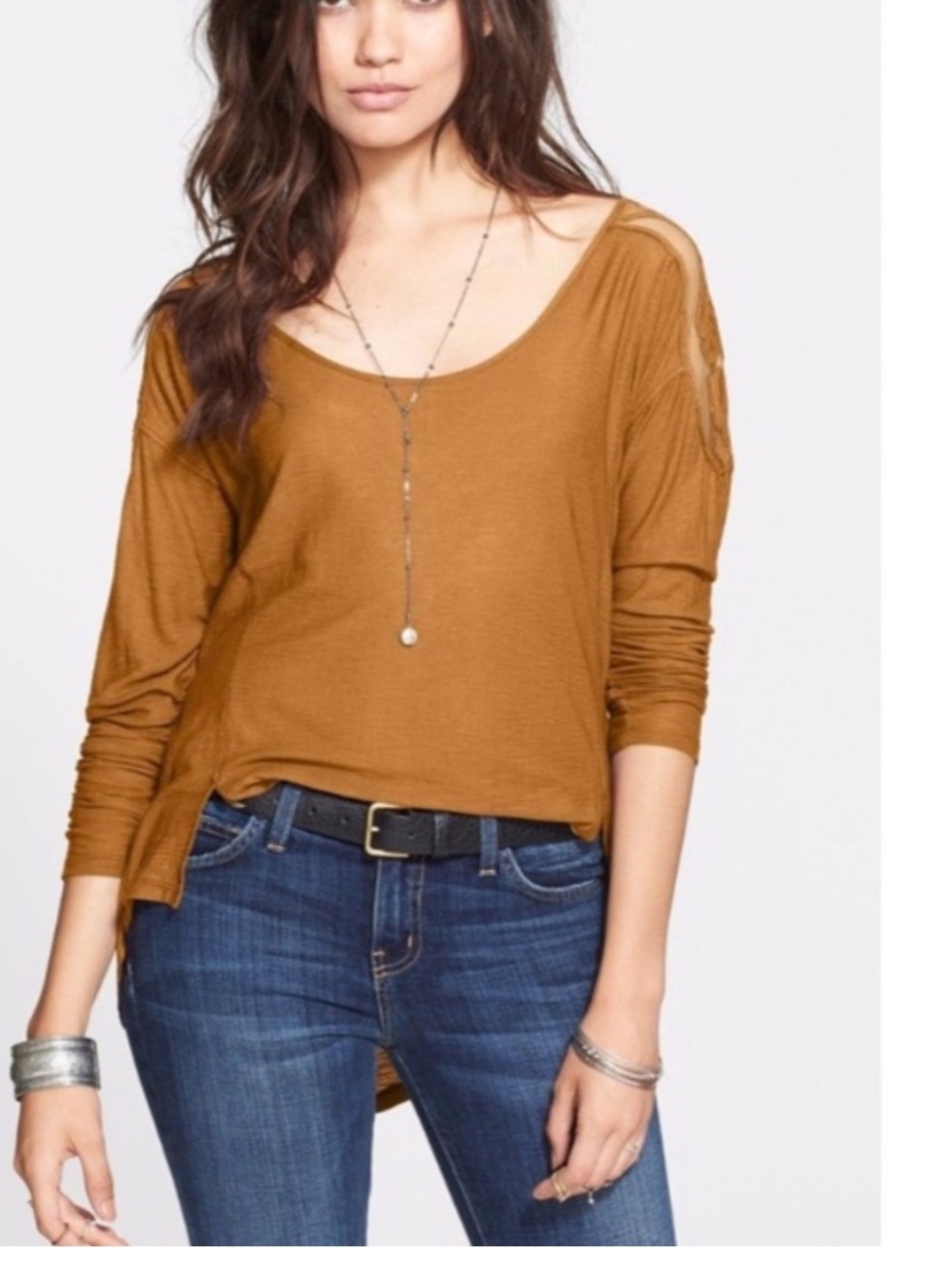 Free People the Gatsby Neck Long Sleeve Top in Mustard